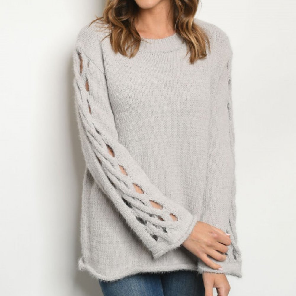 Blue B Gray Crisscross Sleeve Cozy Knit Sweater Boutique S M NWT - Picture 2 of 3